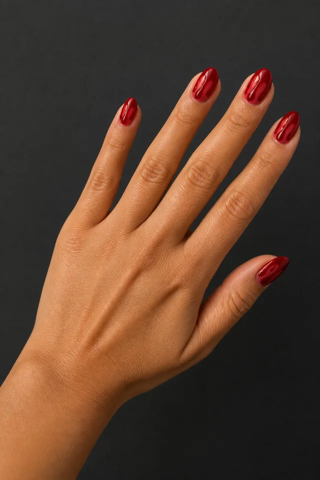 dark red square Halloween nails with subtle black crescent accents on a warm brown hand in daylight