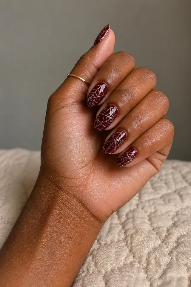 red almond nails with black and gold Halloween detail on a fair hand with a connected forearm