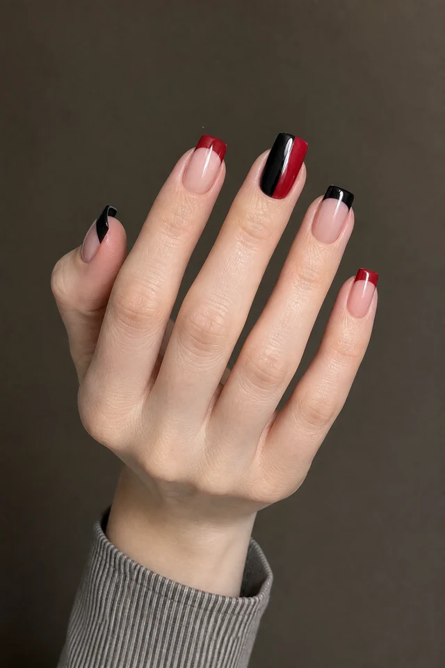 red coffin nails with glossy black French tips on a medium brown hand in soft natural light