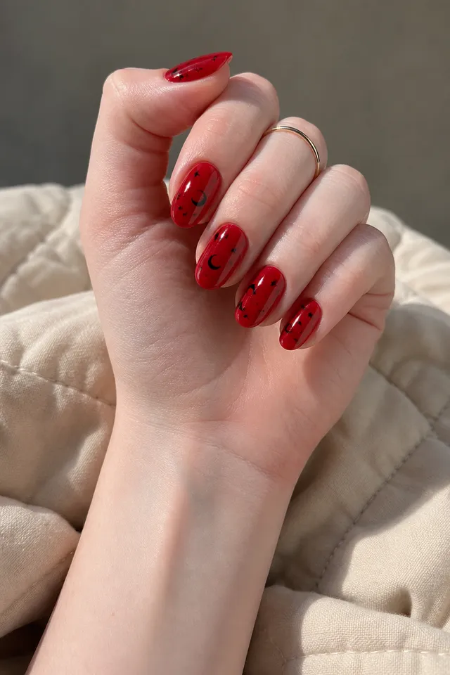 red almond nails with black checker accents on a light hand and connected wrist