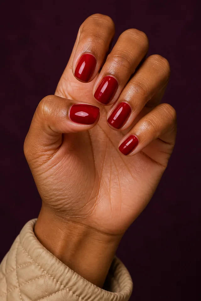 red pointed Halloween nails with glossy black accent art on a warm brown hand and visible forearm