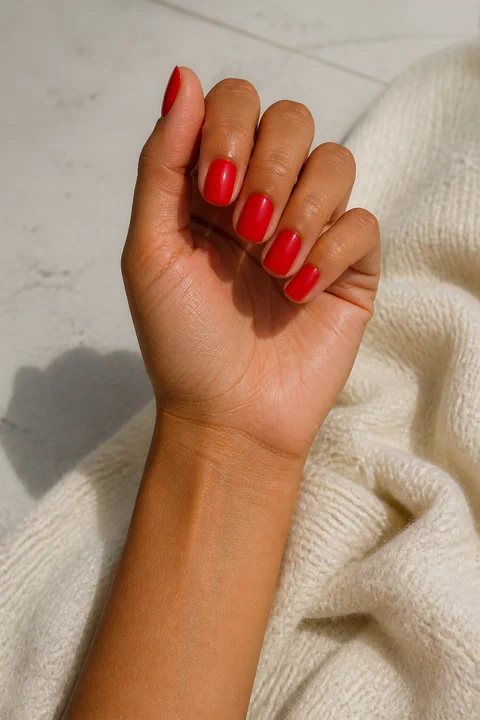 deep wine red oval nails on a light olive hand with visible wrist