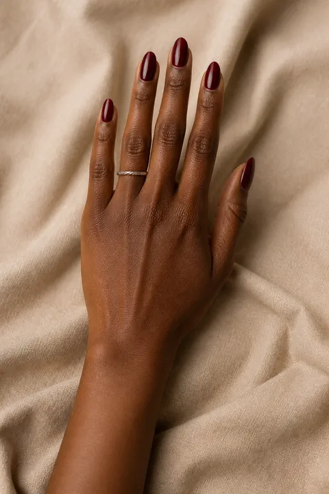 bright poppy red short square nails on a medium tan hand with visible wrist and forearm