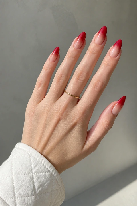 scarlet red to nude glossy ombre almond nails on a light warm hand with visible wrist