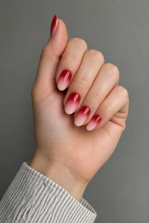 cherry red to milky pink glossy ombre nails on a light skin tone hand with visible wrist
