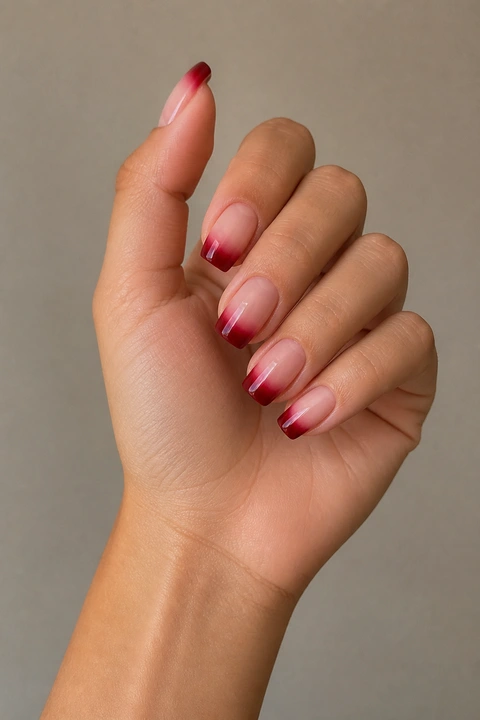 ruby red tip fading to a natural glossy base on a medium olive hand with visible wrist and forearm