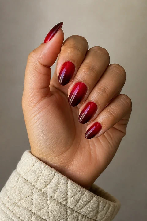 crimson red fading to glossy burgundy oval nails on a medium warm hand with visible wrist