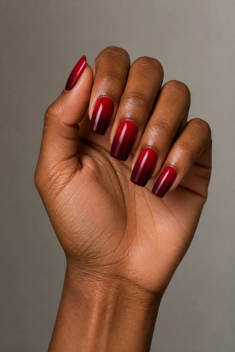 cherry red to velvet wine glossy gradient nails on a light olive hand with visible connected wrist