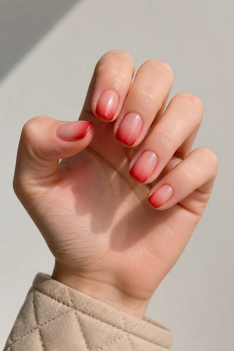 blush pink fading into red glossy rounded square nails on a deep brown hand with visible wrist and forearm
