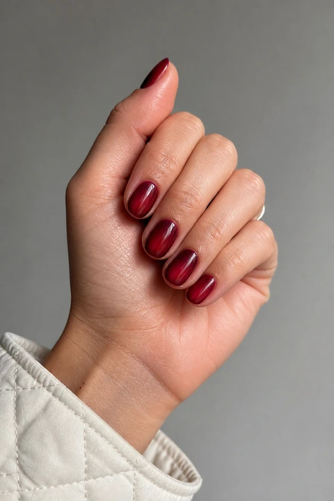 garnet and cherry glass glossy ombre nails on a warm brown hand with visible wrist and forearm