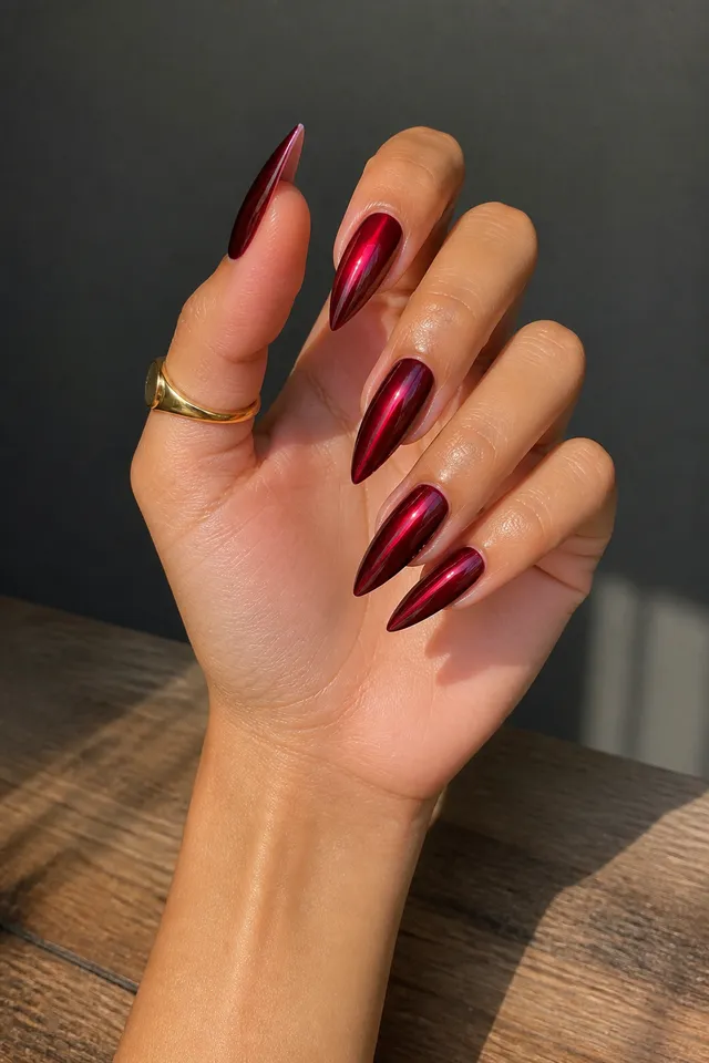 Deep burgundy red stiletto nails on a warm tan hand in natural light