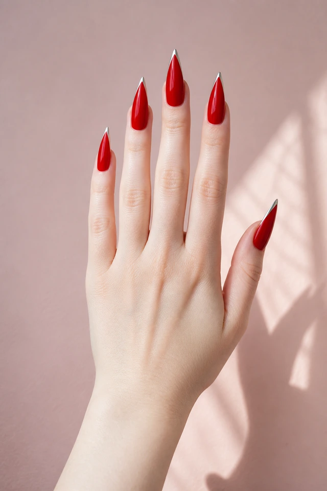 bright red glossy stiletto nails on a fair hand posed palm-down against a pale pink background with visible wrist