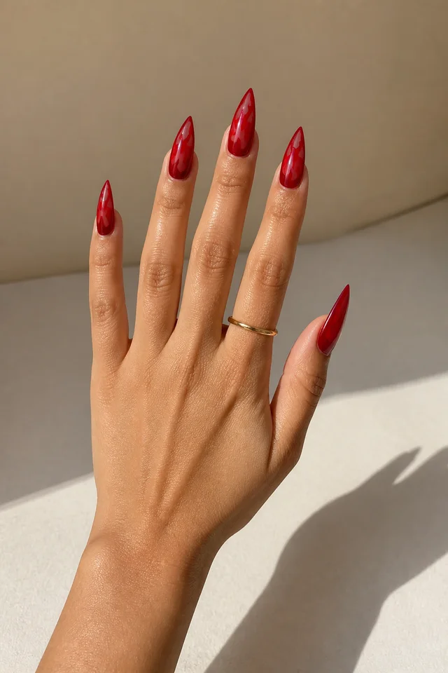 red glossy stiletto nails on a light tan hand angled over a white surface with visible forearm