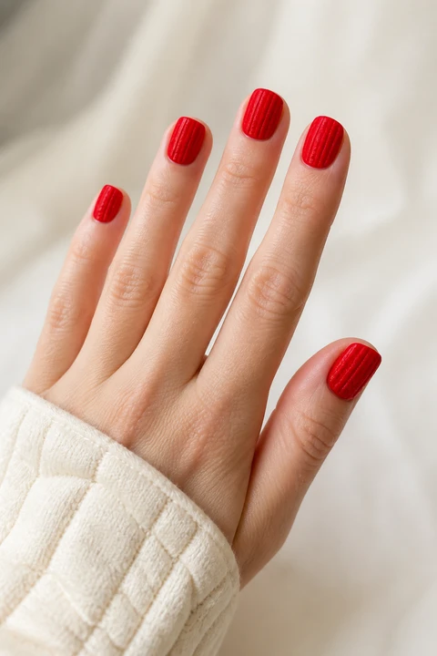 Scarlet red raised ribbed sweater effect on short rounded-square nails, soft daylight hand pose, fair skin, satin finish