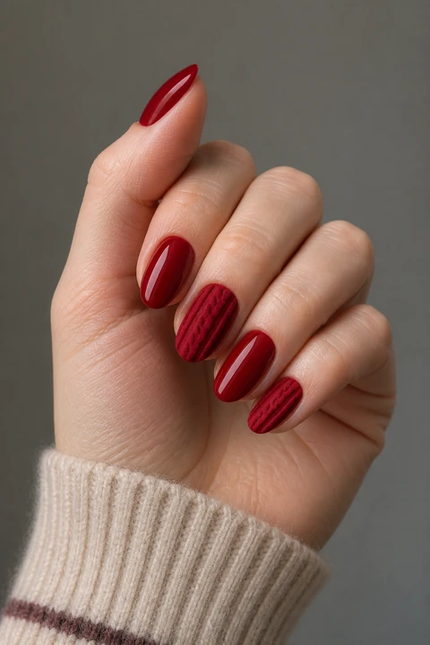 Cherry red glossy nails alternating with raised sweater texture on medium oval nails, natural daylight hand pose, light skin