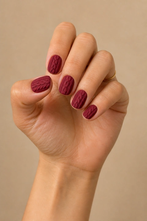 Cranberry red cable-knit texture on medium oval nails, soft daylight hand pose, light olive skin, matte finish