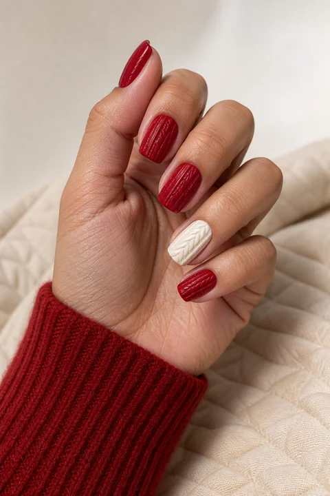 Scarlet red sweater nails with one cream raised cable accent on medium squoval nails, natural window light hand pose, medium skin, matte and satin finish