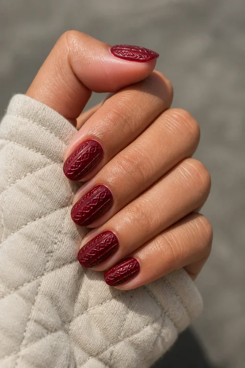Oxblood red sweater effect with tonal raised cable diamonds on medium almond nails, soft daylight hand pose, deep brown skin, satin finish