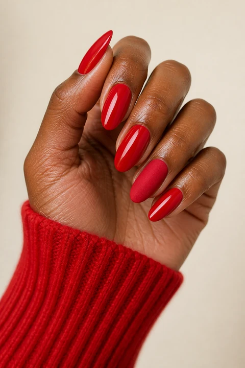 Bright red raised ribbed sweater texture with one matte accent on medium rounded nails, daylight hand pose, medium-deep skin, velvet finish