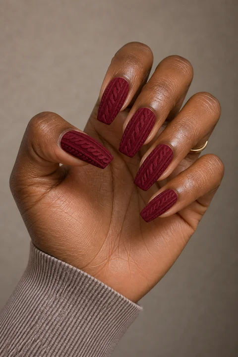 Garnet red raised diagonal cable braids on medium coffin nails, natural daylight hand pose, rich brown skin, matte finish