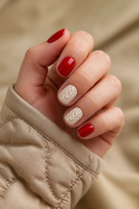 Red and cream sweater-pattern bands on short rounded nails, soft daylight hand pose, fair-to-light skin, satin finish