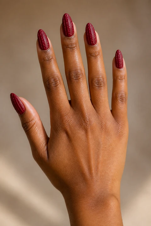 Merlot red raised herringbone sweater texture on long almond nails, natural daylight hand pose, medium skin, glossy finish