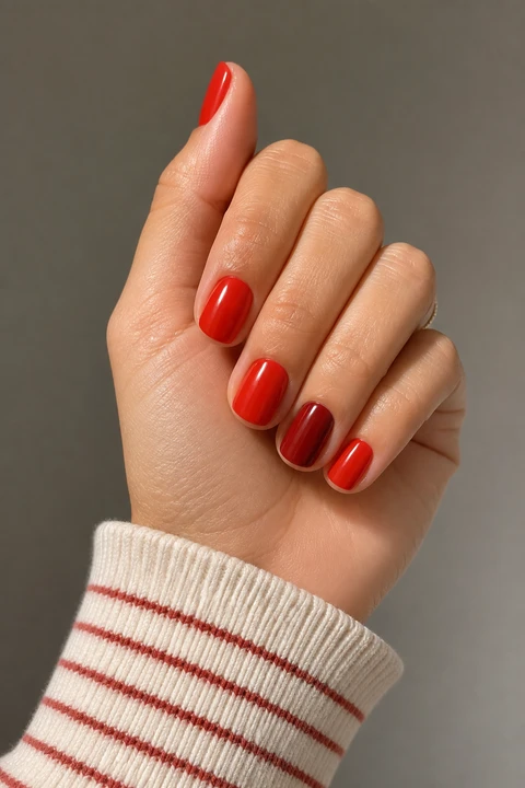 Tomato red micro-ribbed sweater texture on very short squoval nails, soft daylight hand pose, light olive skin, satin finish