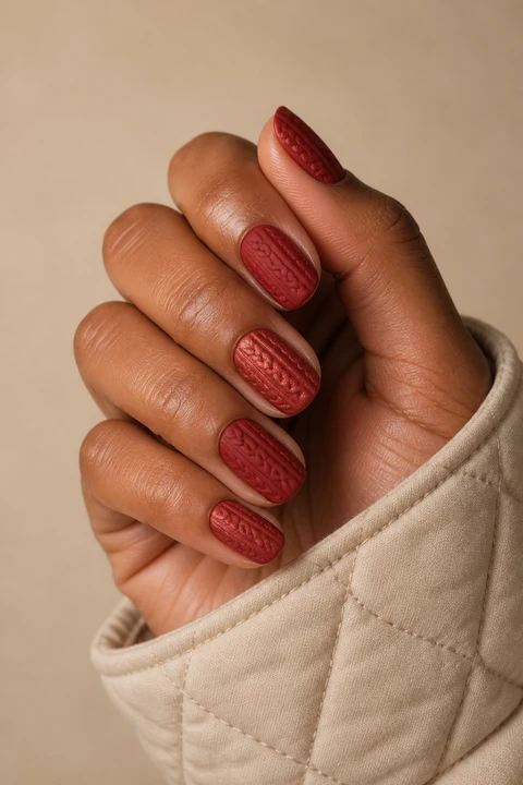 Brick red chunky cable-knit texture on medium round nails, natural daylight hand pose, tan-to-deep skin, matte finish