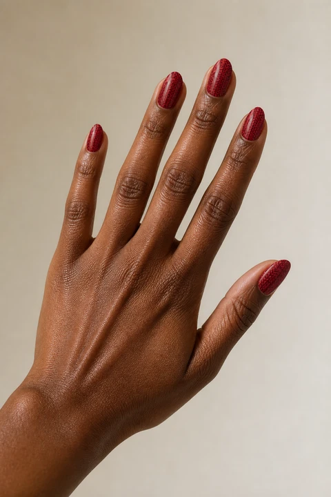 Ruby red raised herringbone sweater effect with a burgundy accent on medium almond nails, soft daylight hand pose, rich brown skin, satin finish