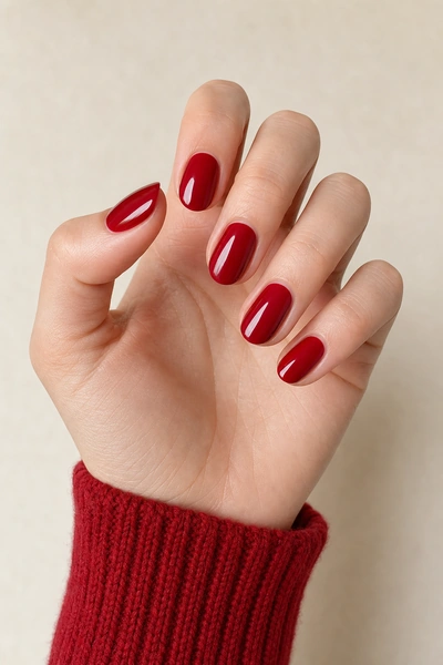 Glossy true red oval nails on a fair skin tone hand in a relaxed diagonal fan pose with visible wrist and short partial forearm, natural daylight
