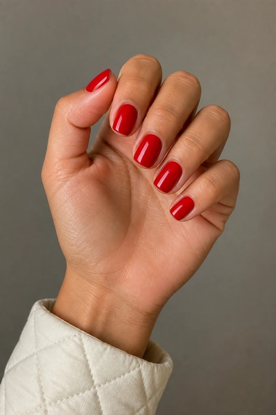 Classic glossy red squoval nails on a medium skin tone hand in a softly curled pose with visible wrist and short partial forearm, natural daylight