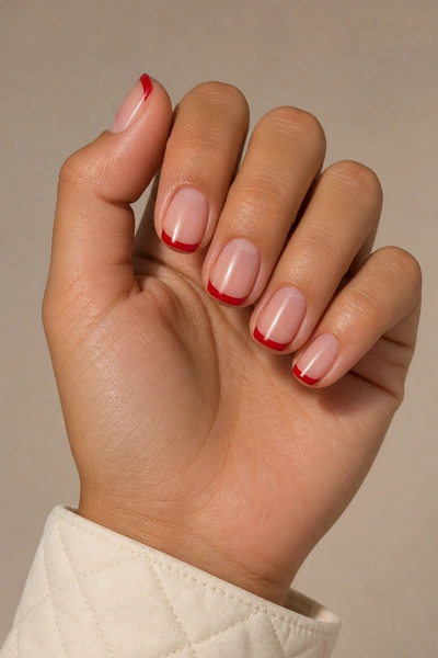 Red French tip nails on a tan skin tone hand in a relaxed knuckle angle with visible wrist and short partial forearm, natural daylight