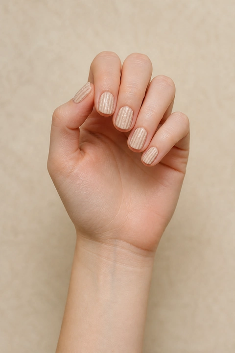 Warm beige and cream ribbed sweater texture on very short rounded-square nails, single hand with connected wrist in soft daylight, fair skin, satin finish