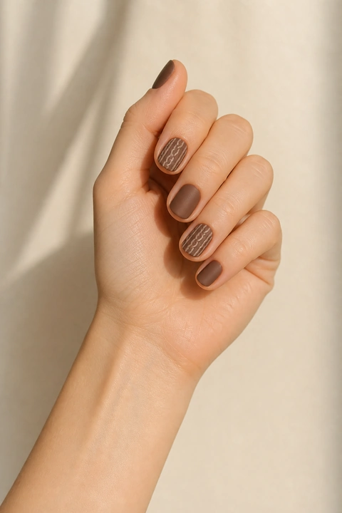 Cocoa brown and cream cable lines on short squoval nails, single hand with connected wrist in natural daylight, light skin, glossy finish