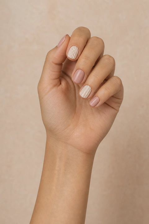 Dusty rose and cream knitted diamond details on short oval nails, single hand with connected wrist in soft daylight, light olive skin, satin finish