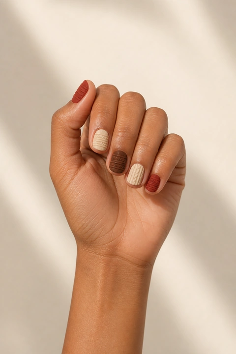 Brick red, cream, and cocoa sweater bands on short rounded-square nails, single hand with connected wrist in natural window light, medium skin, glossy finish