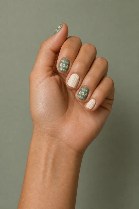 Muted sage green and ivory Fair Isle sweater details on short squoval nails, single hand with connected wrist in soft daylight, tan skin, glossy finish