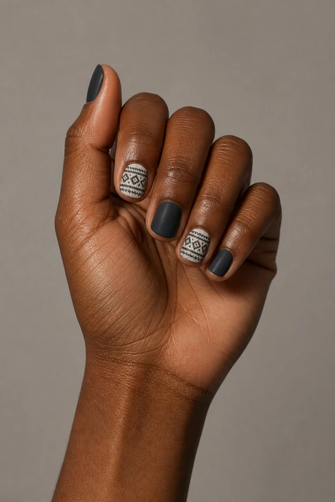 Charcoal and ivory Fair Isle sweater pattern on short rounded-square nails, single hand with connected wrist in natural daylight, rich brown skin, satin finish