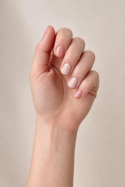Blush pink and cream petite sweater check on short oval nails, single hand with connected wrist in soft daylight, fair skin, satin finish