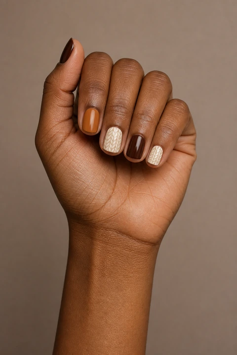 Chocolate and cream herringbone sweater print on short rounded-square nails, single hand with connected wrist in natural daylight, medium skin, glossy finish