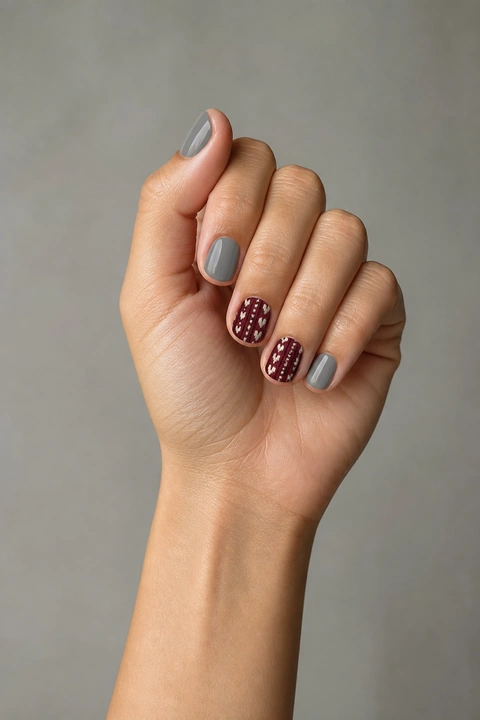 Gray and cranberry knit stripes on short rounded-square nails, single hand with connected wrist in soft daylight, light olive skin, glossy finish