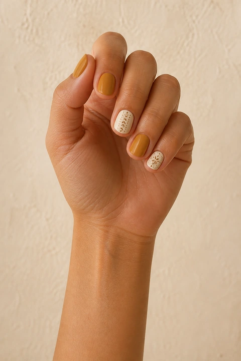 Mustard, cream, and chestnut stitched sweater motifs on short oval nails, single hand with connected wrist in natural daylight, tan skin, satin finish