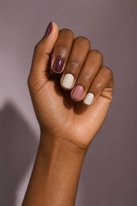 Plum, cream, and rose herringbone details on short rounded-square nails, single hand with connected wrist in soft daylight, deep brown skin, satin finish