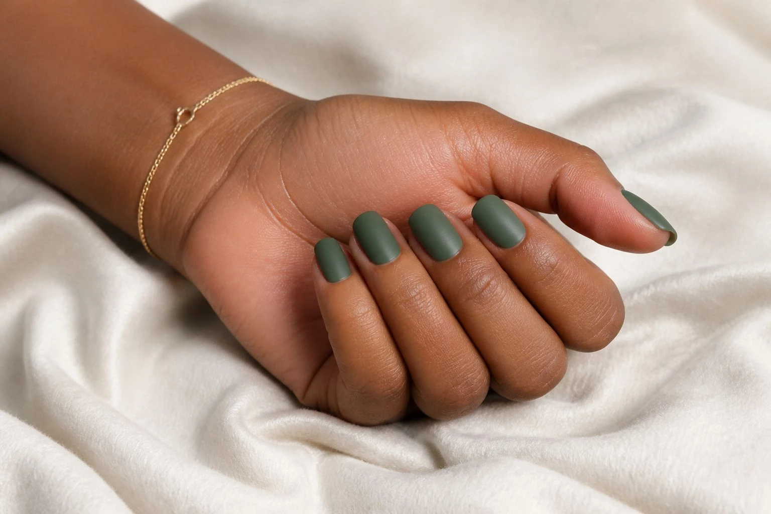 Short round frosted semi matte pine green manicure with a gold bracelet, simple Christmas nail idea