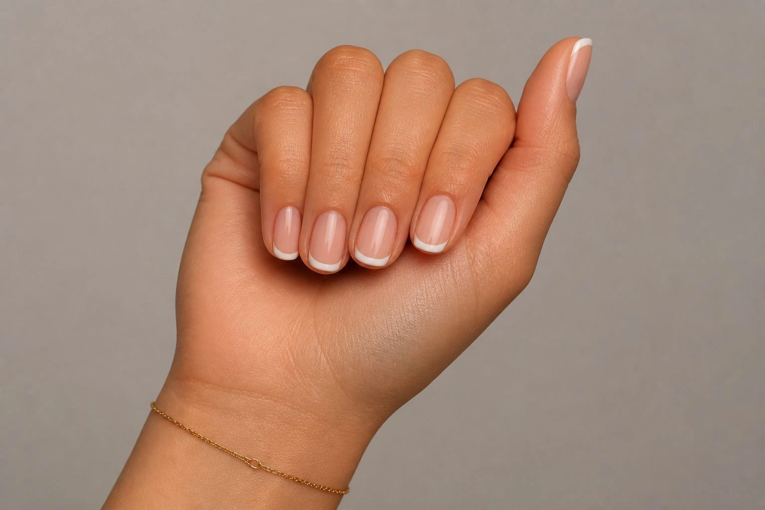 Short round classic ivory French tip manicure over a sheer base with a gold bracelet, simple Christmas nail idea