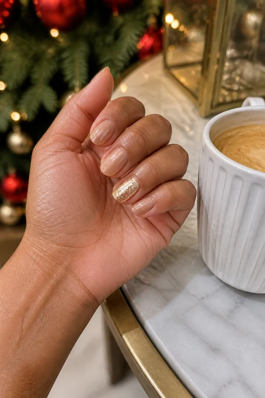 Nude With Gold Accent Christmas nails