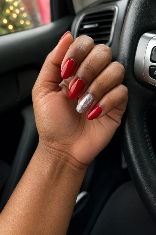 Red With Silver Accent Christmas nails