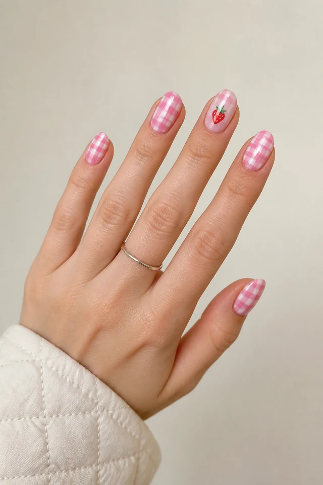 Pink gingham nails with a tiny strawberry accent