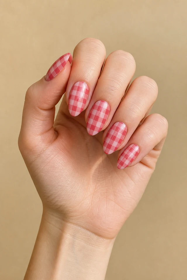 Berry pink gingham on medium almond nails, glossy finish, light skin, hand angled toward soft window light with visible wrist and forearm