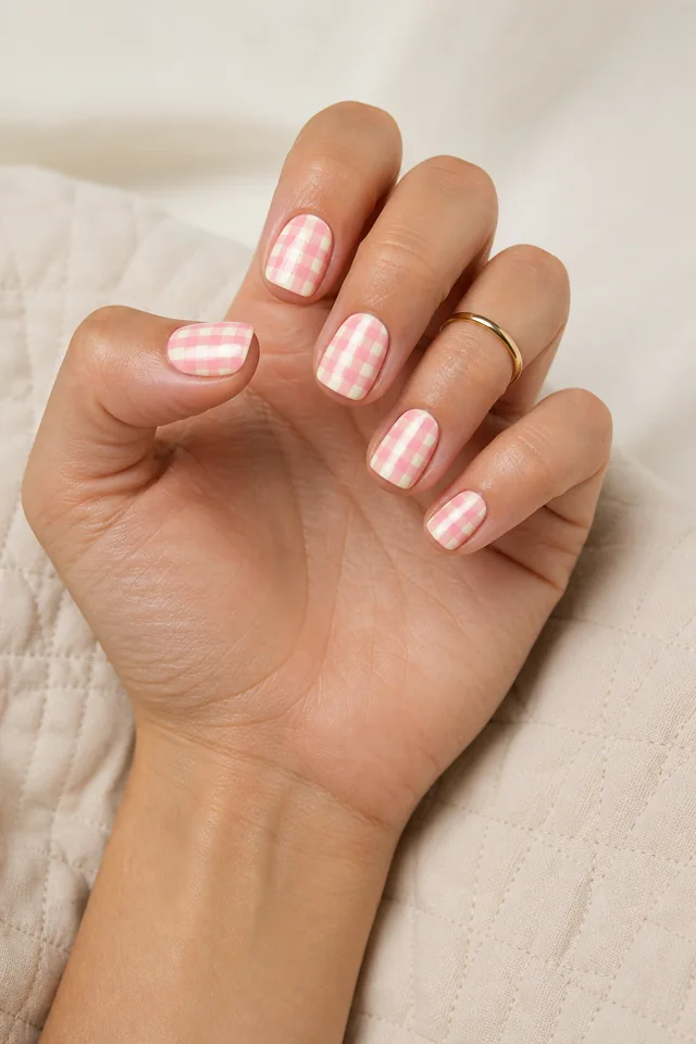 Cream strawberry gingham on short square nails, glossy finish, olive skin, hand posed with connected wrist and forearm in daylight